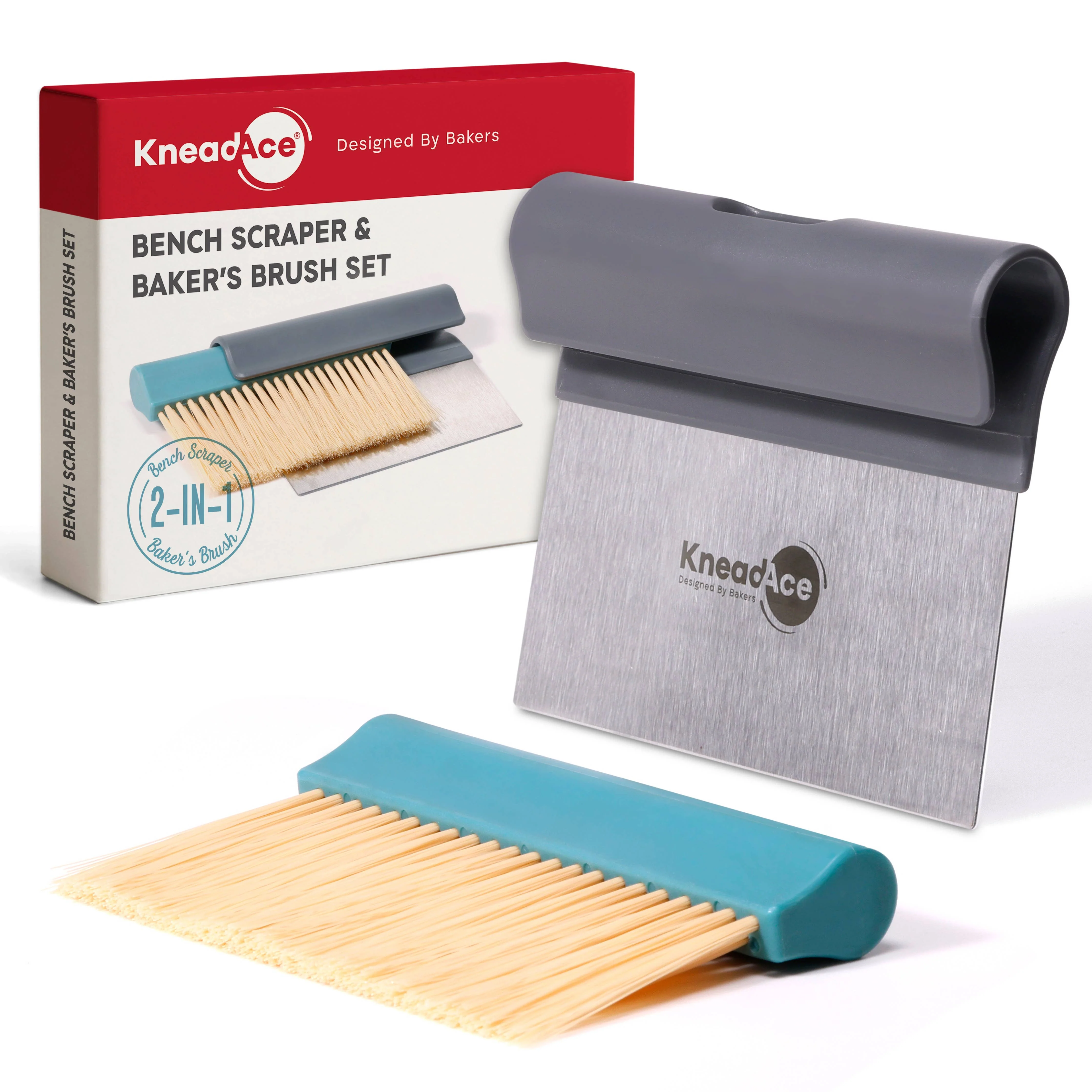 KneadAce Bench Scraper and Baker's Brush Gray / Turquoise