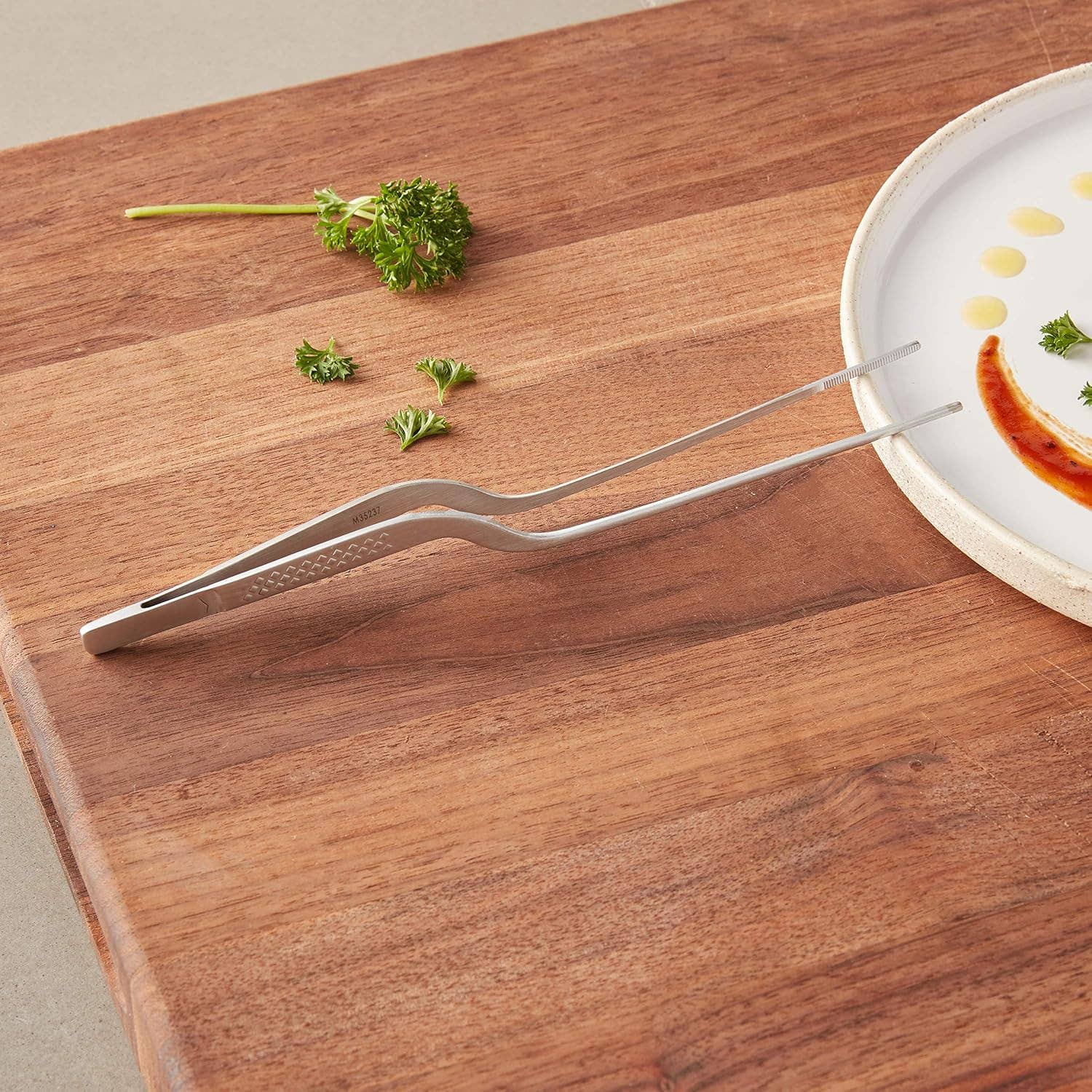Precision Plus Chef Plating Tong - Offset 7-7/8" - Silver - Image 4