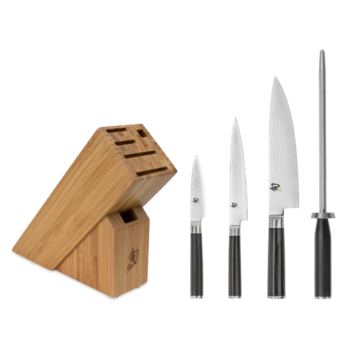 Shun Classic 5pc Knife Set - Starter Block - Paring 3.5" Utility 6" Chef's 8", Combination Honing Steel and 6-slot Slimline Block