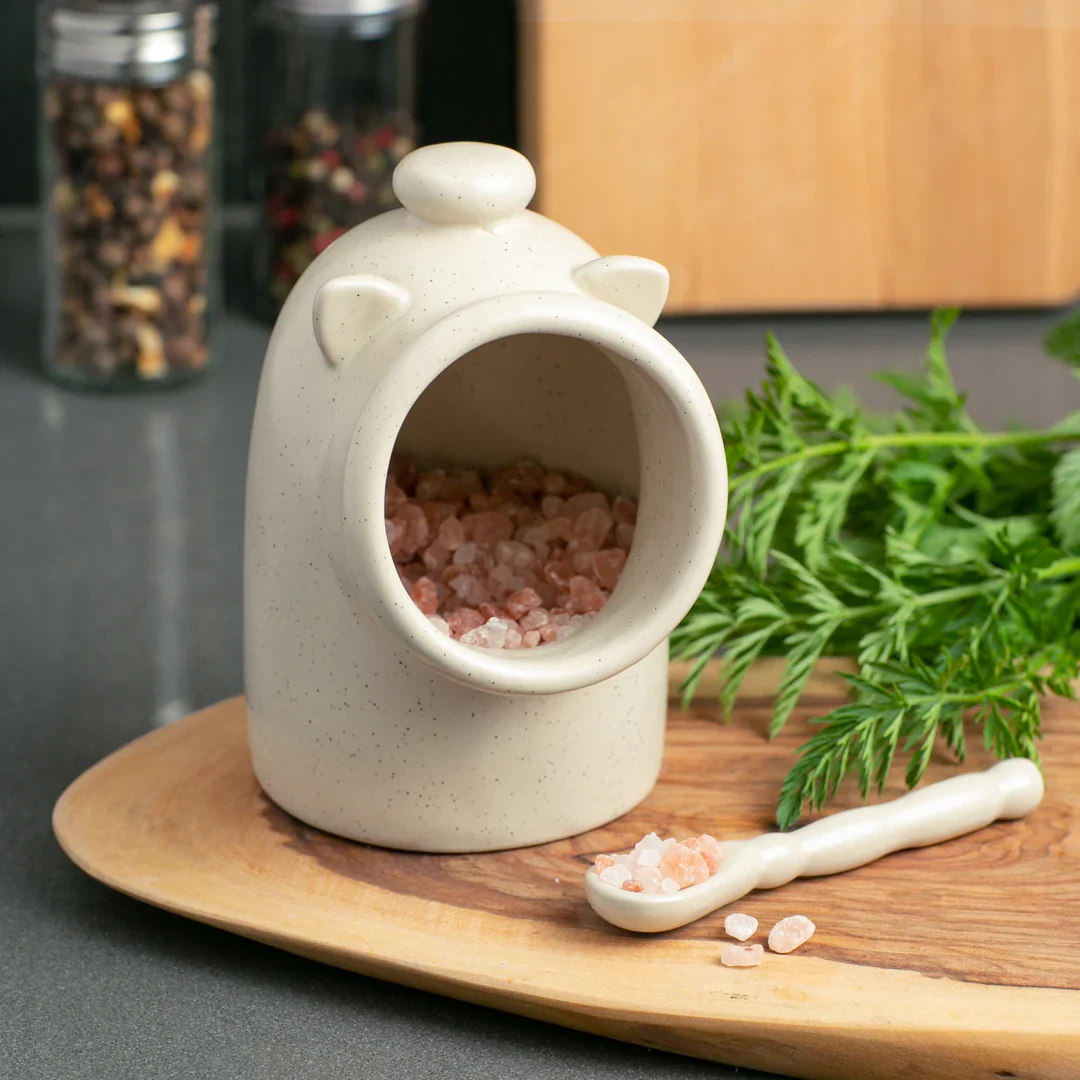 Stoneware Salt Pig w/spoon Oat - Image 2