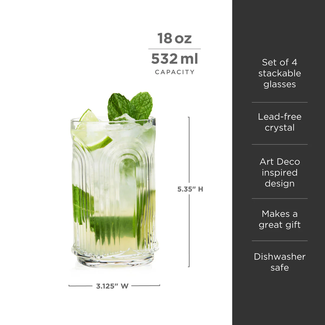 Viski Crystal Deco Beau Highball - 18oz/532ml - Image 6