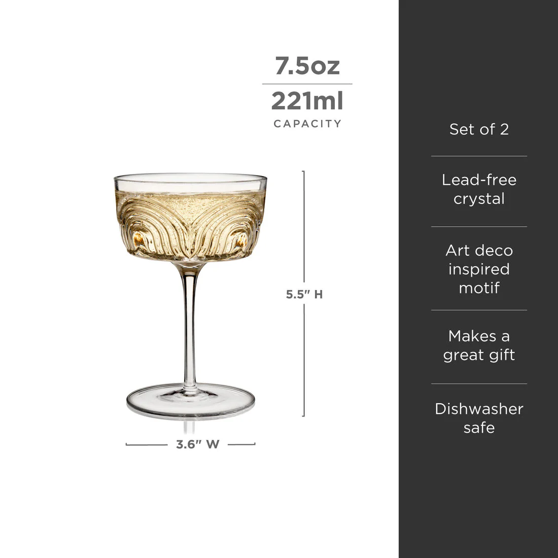 Viski Crystal Deco Beau Cocktail Coupes - 7.5oz/222ml - Image 6
